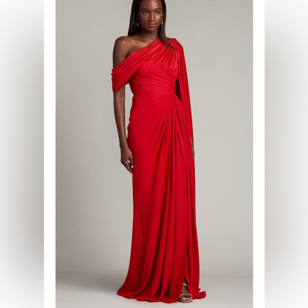 Tadashi Shoji One-Shoulder Red Draped Maxi Gown - Picture 4 of 9